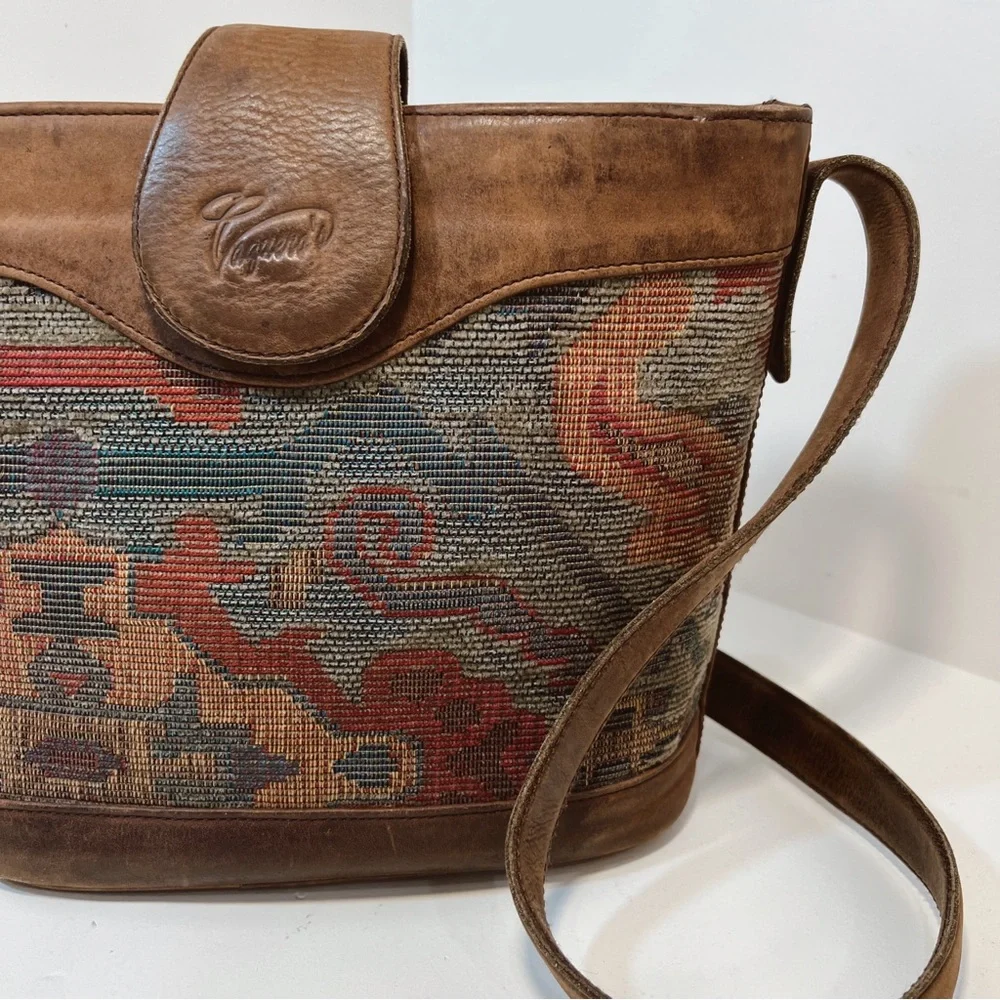 Vintage Brown Leather‎ & Tapestry Crossbody Bag